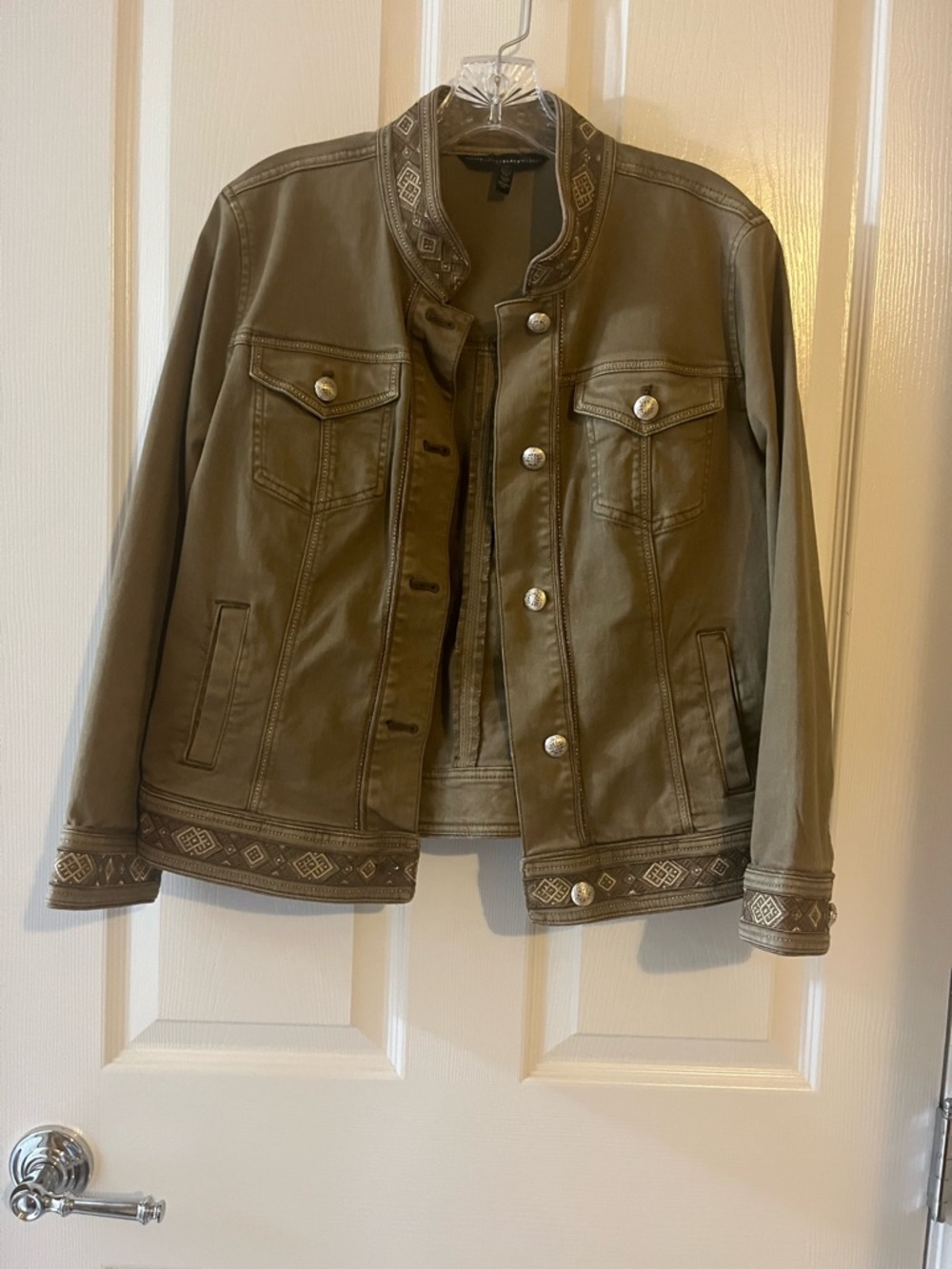 White House Black Market Olive Green Embroidered Button-Front Jean Jacket